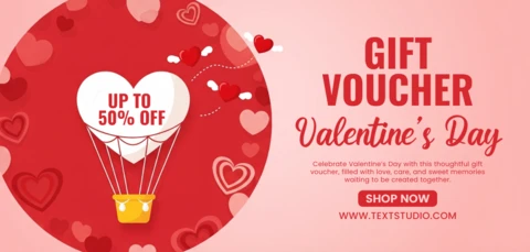 Valentine’s Day Gift Voucher Design Template with Red Ribbon and Pink Heart for Romantic Promotions