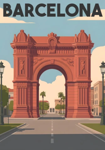 Arc de triomphe avec des palmiers et des lampadaires décoratifs modèle de poster de voyage barcelonais