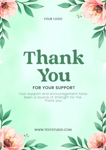Elegant Pink Floral Green Leaves Frame Thank You Card Template