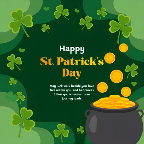 St Patrick's Day Celebration Template with Pot of Gold and Shamrocks Design for Greeting Cards