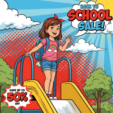 Back to School Wall Art Cheerful Comic Girl with Bunny Backpack Sale Message Banner Design Template for Promotional Flyers