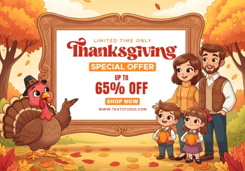 Oferta especial de Ação de Graças com família sorridente, peru festivo e cena sazonal aconchegante, modelo de banner promocional de venda.