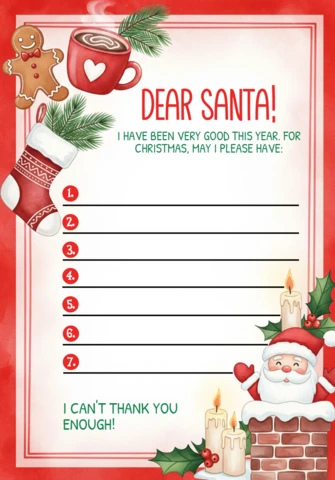 Santa Letter Template Festive Design with Chimney Santa, Gingerbread Man, Mug, and Stocking Icons