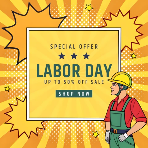 Pop art diseño de plantilla para ofertas promocionales del día del trabajo
