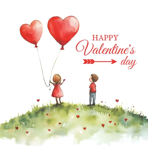 Watercolor Valentine's Day Card with Heart Balloons