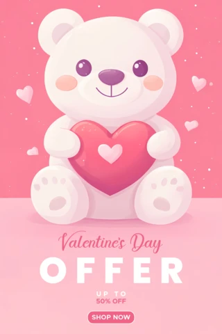 Valentine's Day Offer Poster Template with Cute Bear and Heart