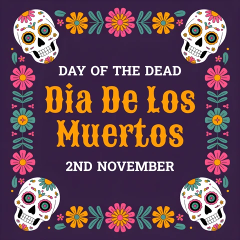 Dia de los Muertos Designvorlage für Feierplakat mit buntem Totenkopf und floralen Elementen