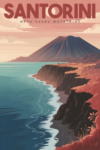 Mesa Vouno Mountains with Coastal Cliffs and Sunset Sky Santorini Travel Posters Design Template
