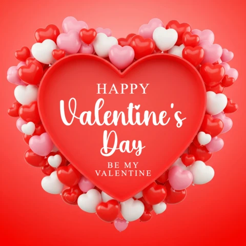 Carte de vœux de la Saint-Valentin avec un cœur central et une bordure festive de cœurs rouge-rose.