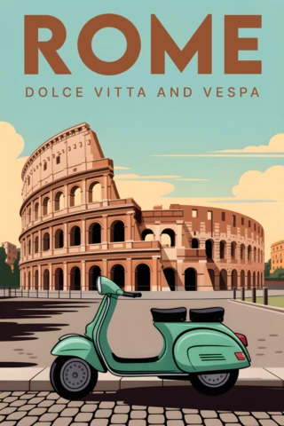 Rome Colosseum en Vespa scooter illustratie voor reisposter sjabloon