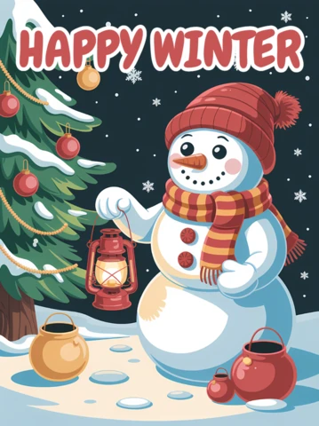 Template de design de boneco de neve em um país das maravilhas de inverno para cartões de felicitações de feriado