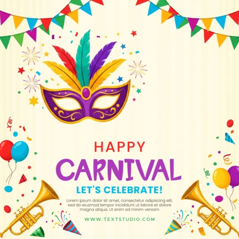 Vibrant Carnival Poster Decorative Mask with Purple, Red, Green & Yellow Feathers Surrounded By Festive Elements for Celebration