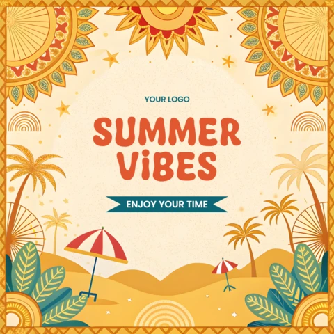 Summer Vibes Design Template with Tropical Elements and Sunburst Style