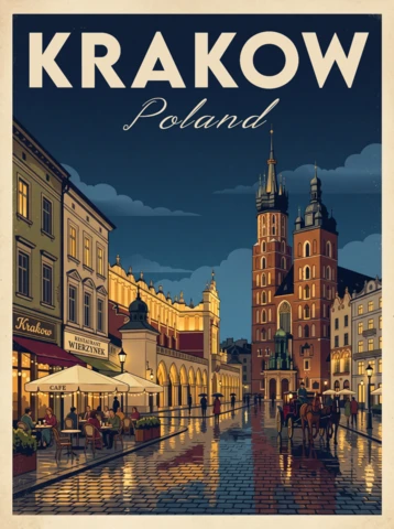 Kraków Polska vintage retro plakat podróżniczy historyczne stare miasto bazylika sukiennice brukowane ulice wieczorne światła ilustracja