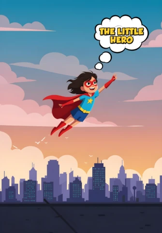 El pequeño héroe volador, niño superhéroe sobre el diseño de cartel del paisaje urbano al atardecer.
