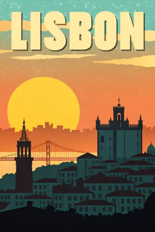 Lissabon zonsondergang vintage ontwerpsjabloon voor reisposters