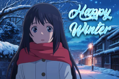 Modelo de design de cena de inverno com personagem de anime para cartões de saudação