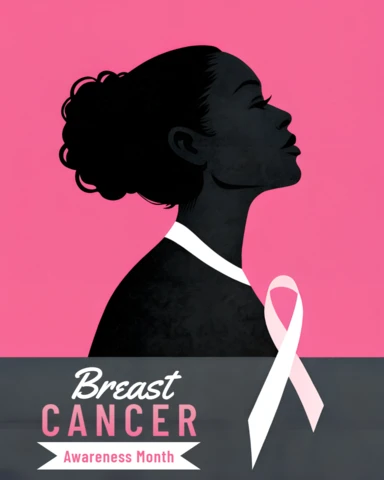Designvorlage für den Brustkrebsbewusstseinsmonat mit Silhouette und pinkem Band für Poster