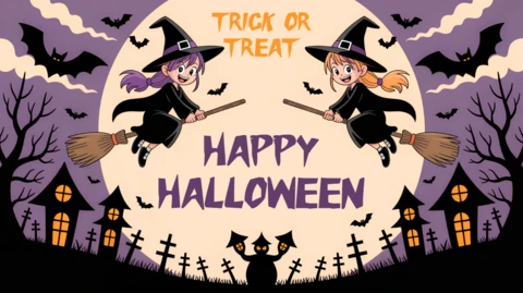 Whimsical Chibi Halloween Design Template with Cute Witches for Party Invitations