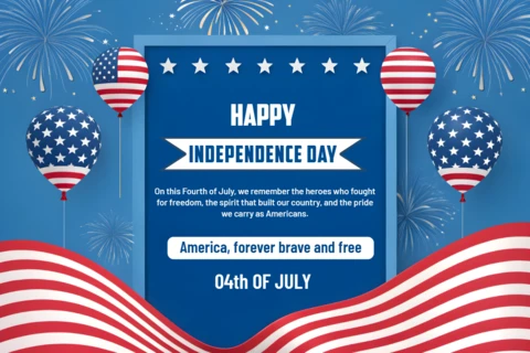 Independence Day Celebration Template with Fireworks and Patriotic Balloons Design