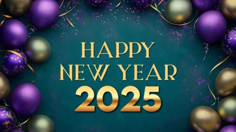 Modèle de conception de ballons violets et dorés pour la bonne année 2025