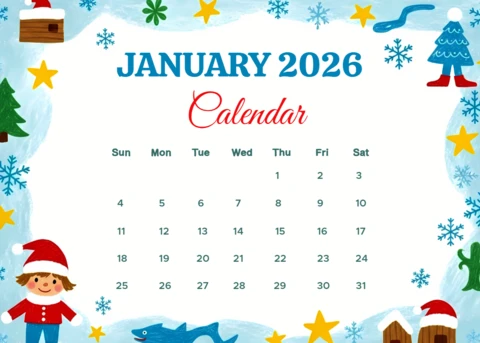 Plantilla de diseño de calendario caprichoso para niños enero 2026 con personajes juguetones y elementos festivos.