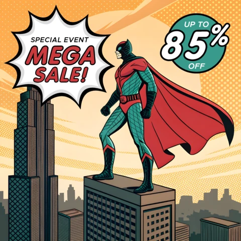 Template promocional em estilo de quadrinhos para mega venda de evento especial