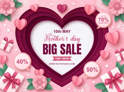 Cartel publicitario de la venta del Día de la Madre: diseño alegre en rosa con flores, corazones y mensaje.