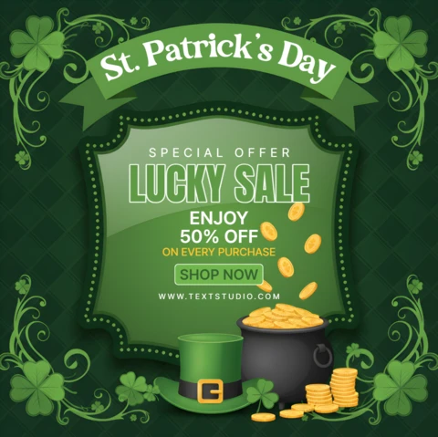 St. Patrick’s Day Celebration Poster Design Template with Shamrocks, Leprechaun Hat, and Lucky Sale Offer
