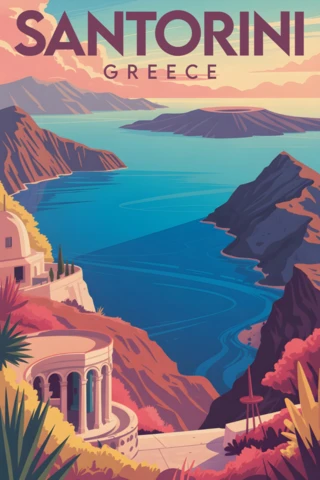 Kaya kenarındaki kubbeler, gün batımı gökyüzü ve Ege Denizi manzarası, Santorini seyahat posterleri tasarım şablonu.