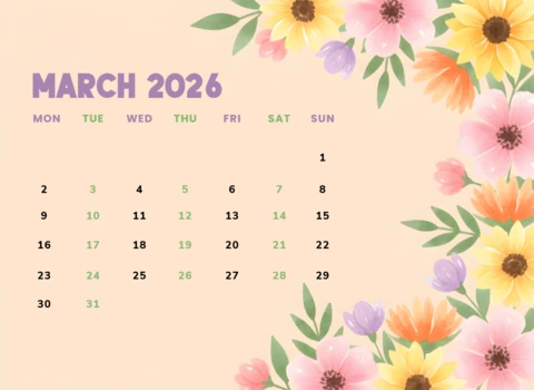March 2026 Decorative Calendar Poster with Watercolor Flowers and Spring Theme