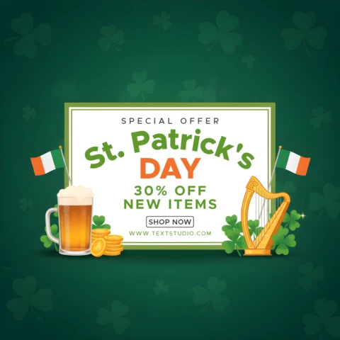 St. Patrick’s Day Sale Poster Design Template with Shamrocks, Irish Flags, and Festive Green Background