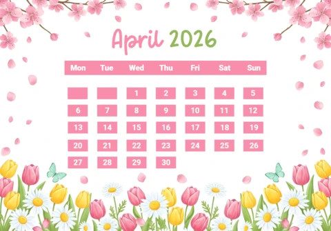 April 2026 Calendar Poster — Pink Title with Cherry Blossoms, Tulips, Daisies, and Decorative Border Theme