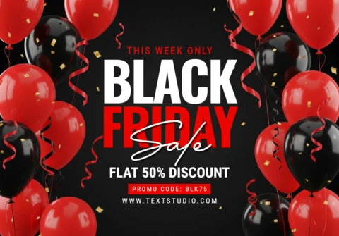 Feestelijke kortingsposter Black Friday-ad met ballonnen, slingers en verlichte verkooptekst ontwerpsjabloon voor promotie