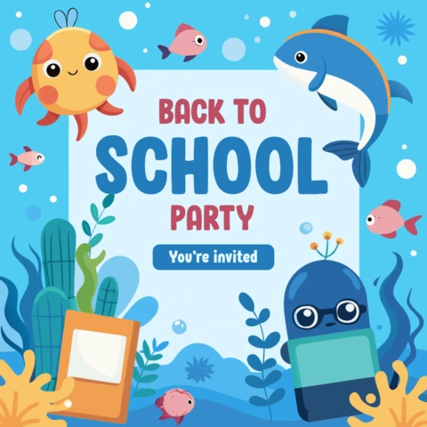 Underwater Themed Back to School Party Invitation Template Design