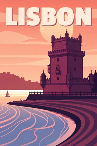 Lisbon Belem Tower Retro Flat Design Template for Posters