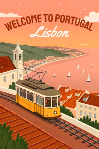 Vintage Tram Design Template for Lisbon Travel Poster