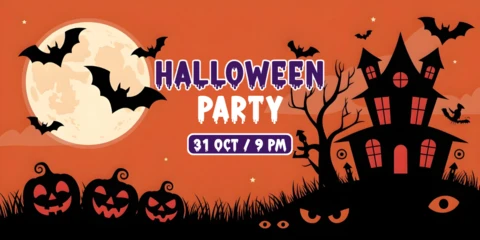 Spooky Halloween Night October 31 Invite with Bats, Ghosts & Trick Or Treat Vibes Youtube Cover Design Template