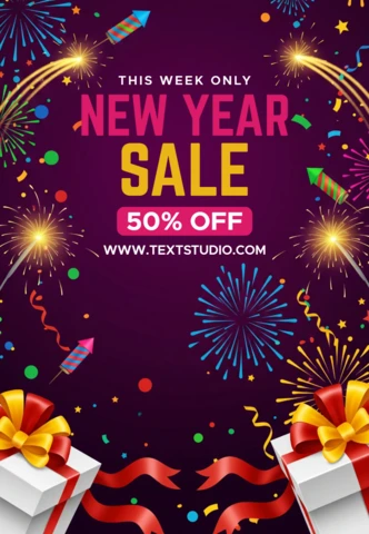New Year Shopping Poster 2026 Super Sale Design with Fireworks, Confetti, and Weekend Deal Highlight