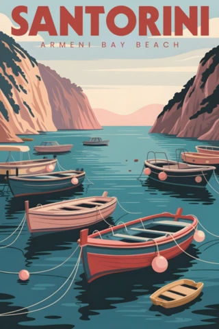 Plantilla de diseño de carteles de viaje de Santorini con la playa de Armeni Bay, barcos amarrados y acantilados al atardecer.