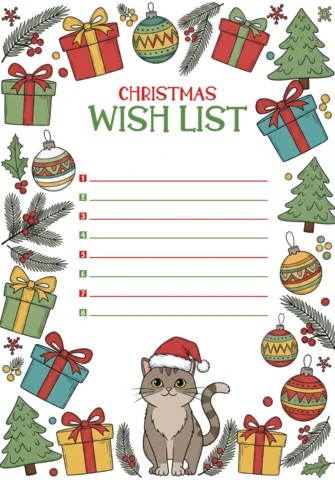 Holiday Wish List Template Christmas Stationery with Wrapped Gifts, Pine Branches, and Cute Cat Illustration