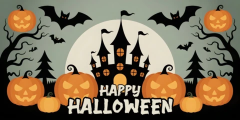 Modèle de couverture YouTube de forteresse hantée dans un cimetière d'Halloween, ombres au clair de lune et compagnons effrayants.