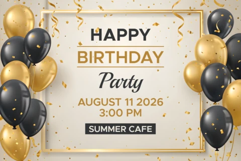 Elegant Birthday Party Design Template with Gold and Black Balloons