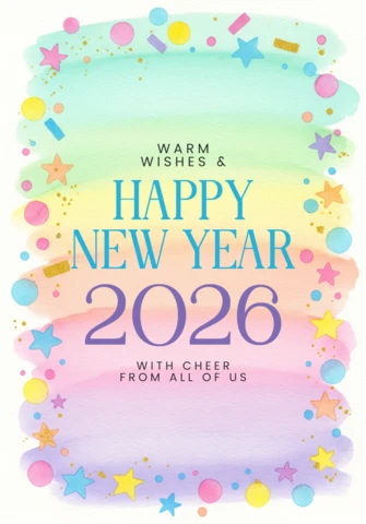 Kartka akwarelowa z życzeniami szczęśliwego nowego roku 2026 na pastelowym tle z gwiazdami, konfetti i wiadomością o świętowaniu.