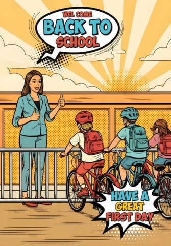 Volta às aulas, alunos chegando de bicicleta com professor cumprimentando atrás do cartaz da cerca.