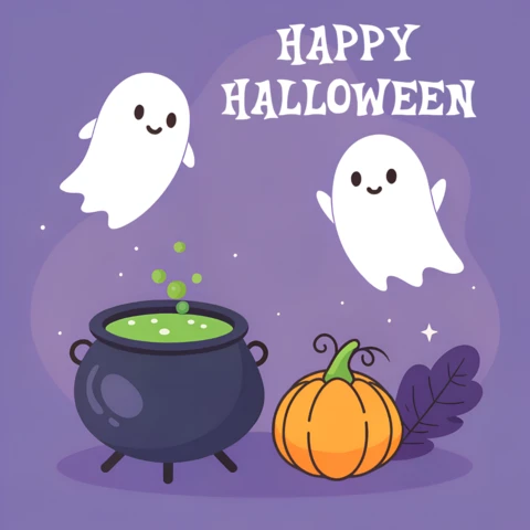 Schattige overload geesten vlak ontwerp voor paarse Halloween groetkaart sjabloon