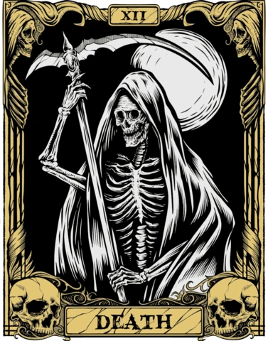 Vintage Death Oracle Card Design Template with Skeleton and Skull Graphics