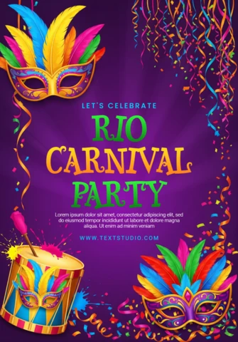 Manifesto del carnevale di Rio con sfondo viola esplosivo, maschere di piume, tamburo e festoni festivi