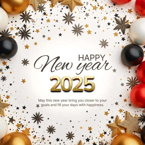 Happy New Year 2025 White and Gold Balloons Design Template