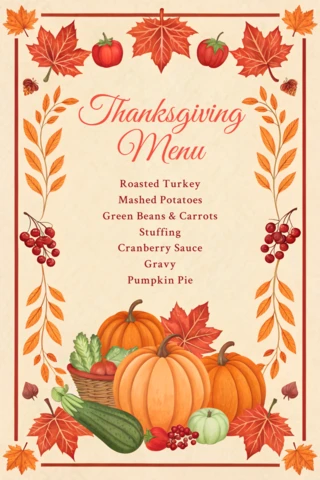 Thanksgiving Menu Design Template with Autumn Leaves and Pumpkins for Festive Events